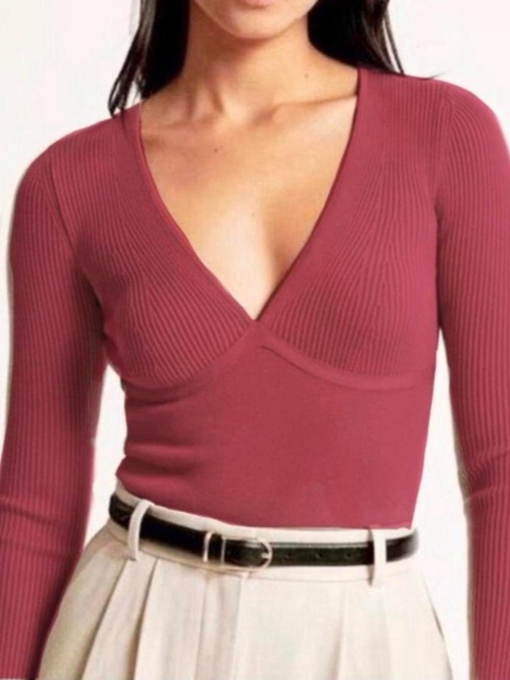 NWT Abercrombie & Fitch Berry Ribbed Sweetheart Long Sleeve Bodysuit Small